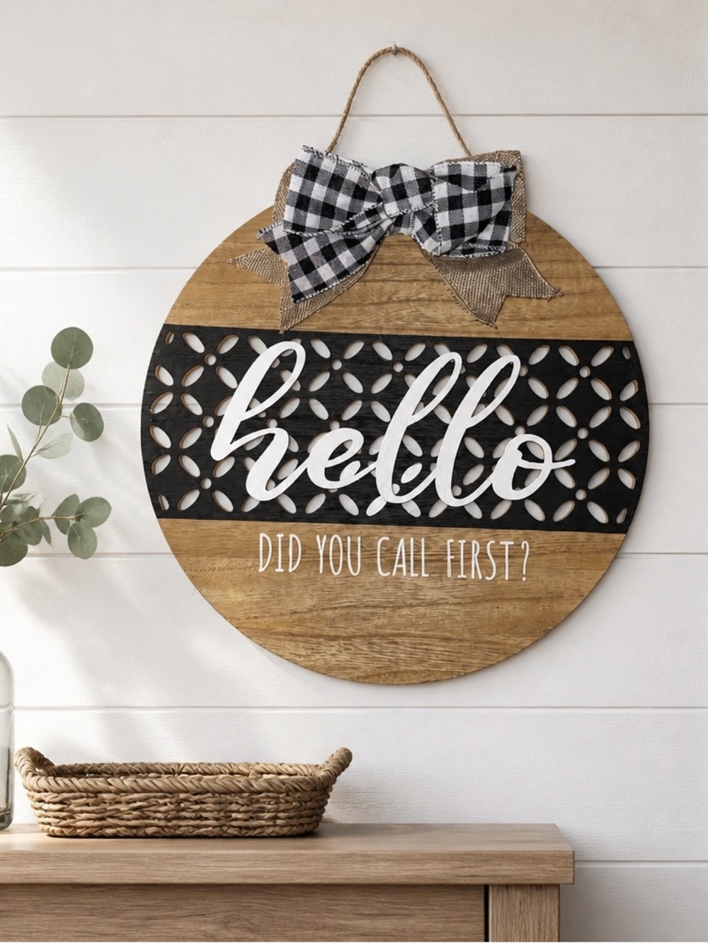Huntington Home Tan and Black Circle Sign with Checkered Bow